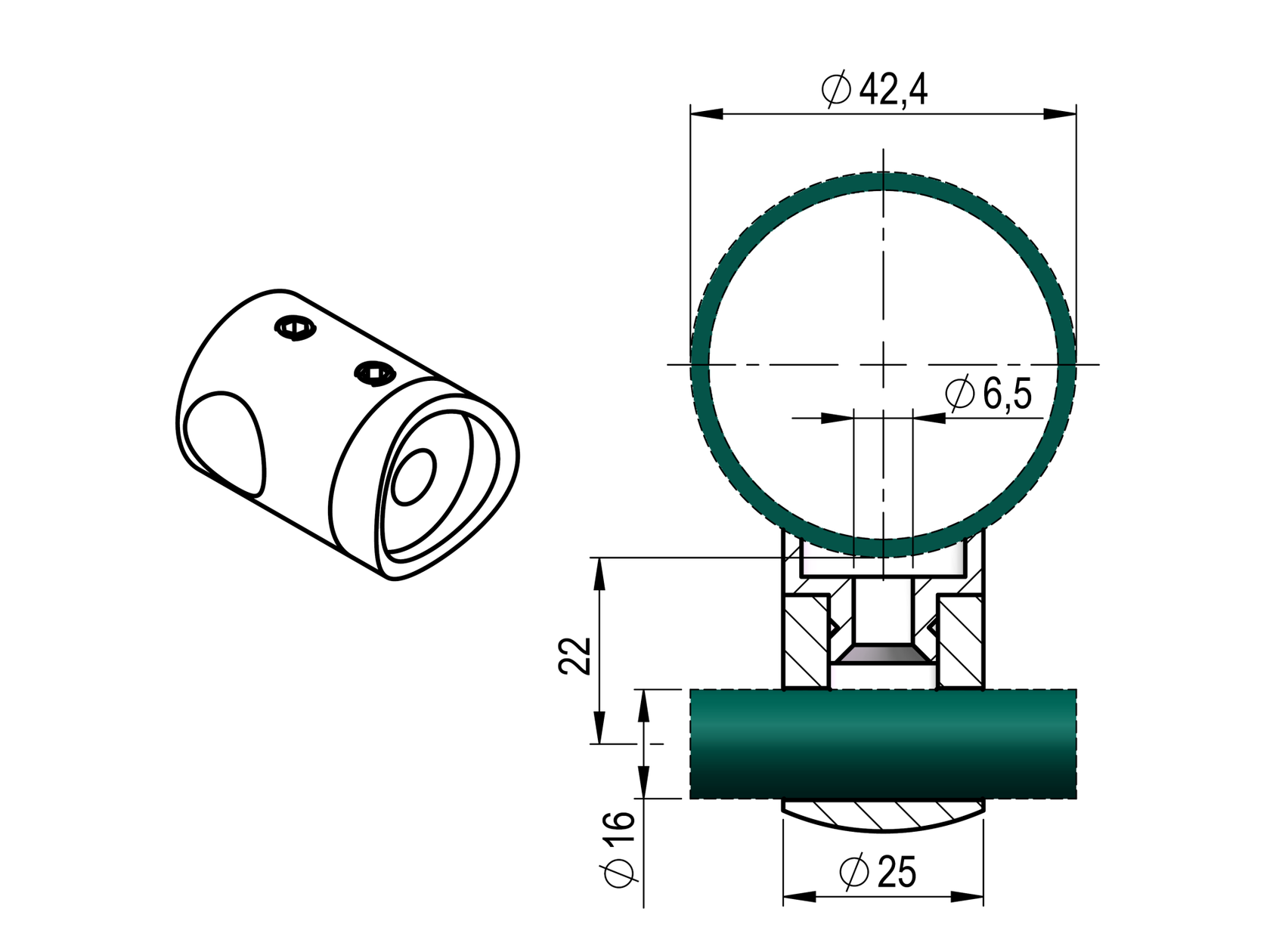Nerezový držák prutů - lesk AISI316, d16/D42,4x2mm