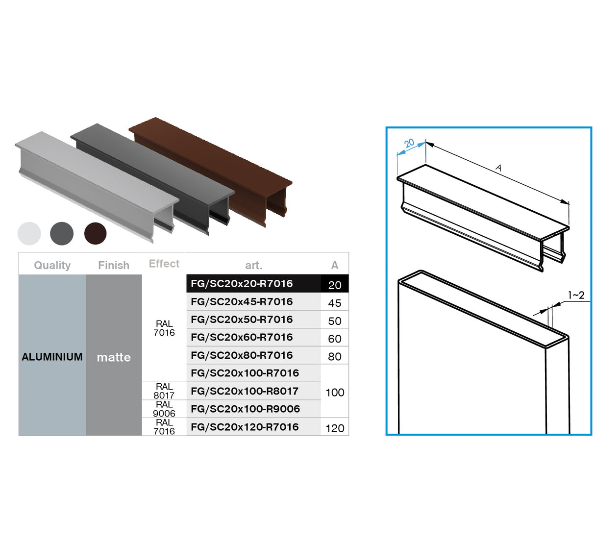 Hliníková krytka vertikální plotové výplně a fasádní rohové lišty, 20x20 – Antracit R7016