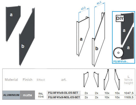 Click-lock distanční krycí lišta pro U-adaptér, 41 x 09 - 30mm - Antracit R7016, šikmá s překrytím 5 mm - SADA
