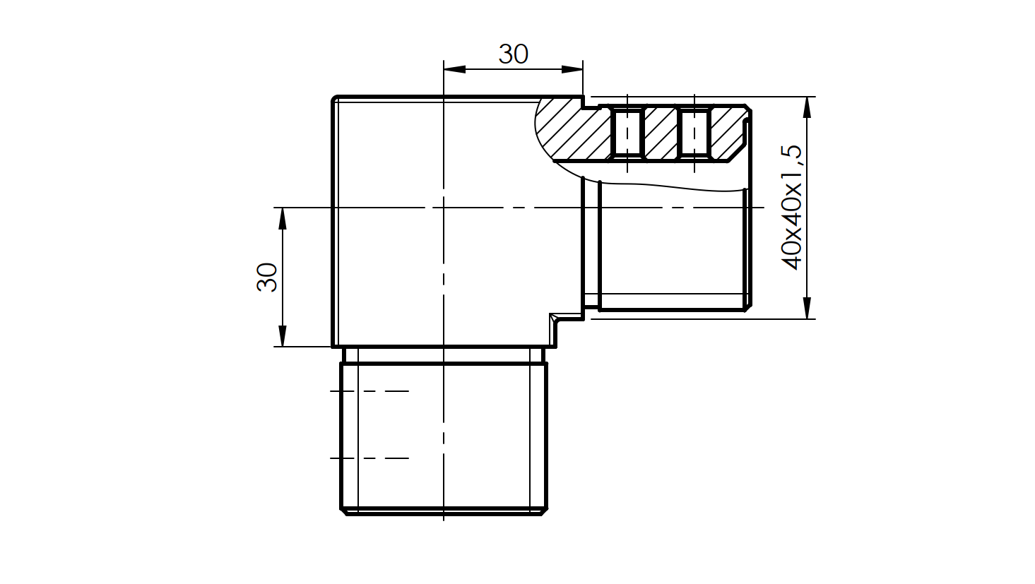 Přechod madla sklo - koleno 90°, 40x40x2mm