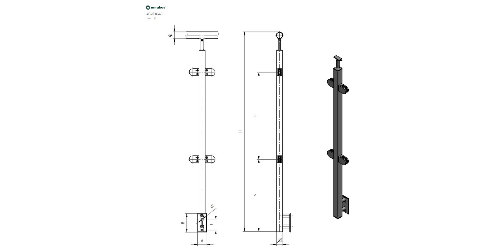 Nerezový sloupek, BK-rovné AISI304, 40x40x2/4xmode