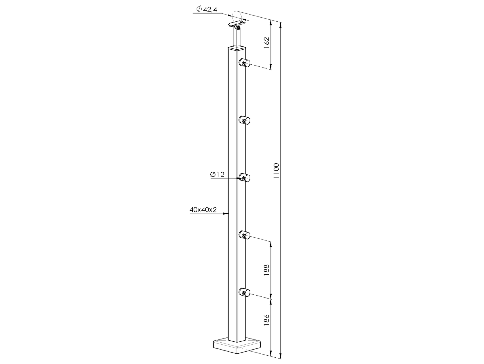 Sloupek antikor JP40x40x2mm, v = 100cm, VK-schod A