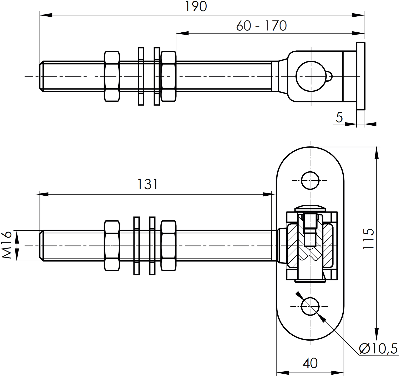 Pant nastavitelný dlouhý s kotevní přírubou, INOX, M16