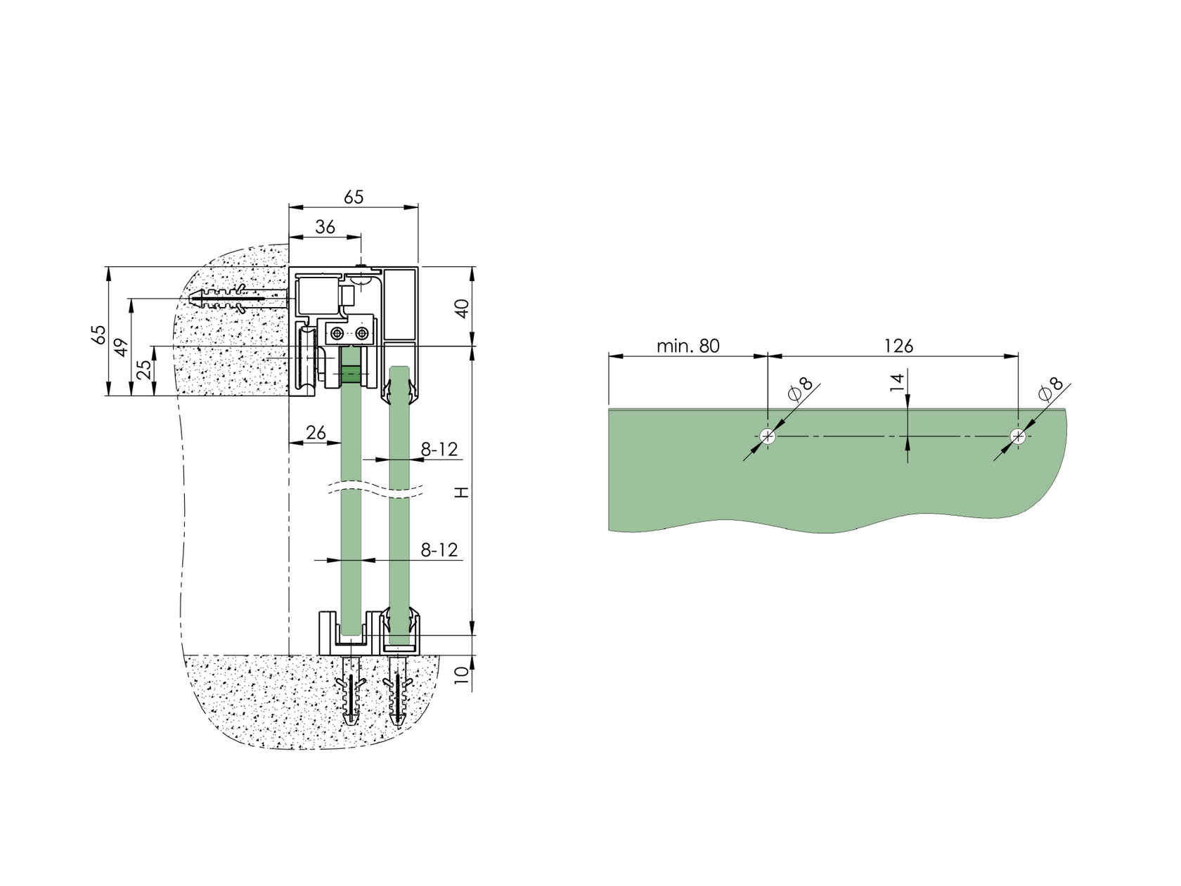 Kování - Posuvné dveře lišta 2x soft-stop + fix