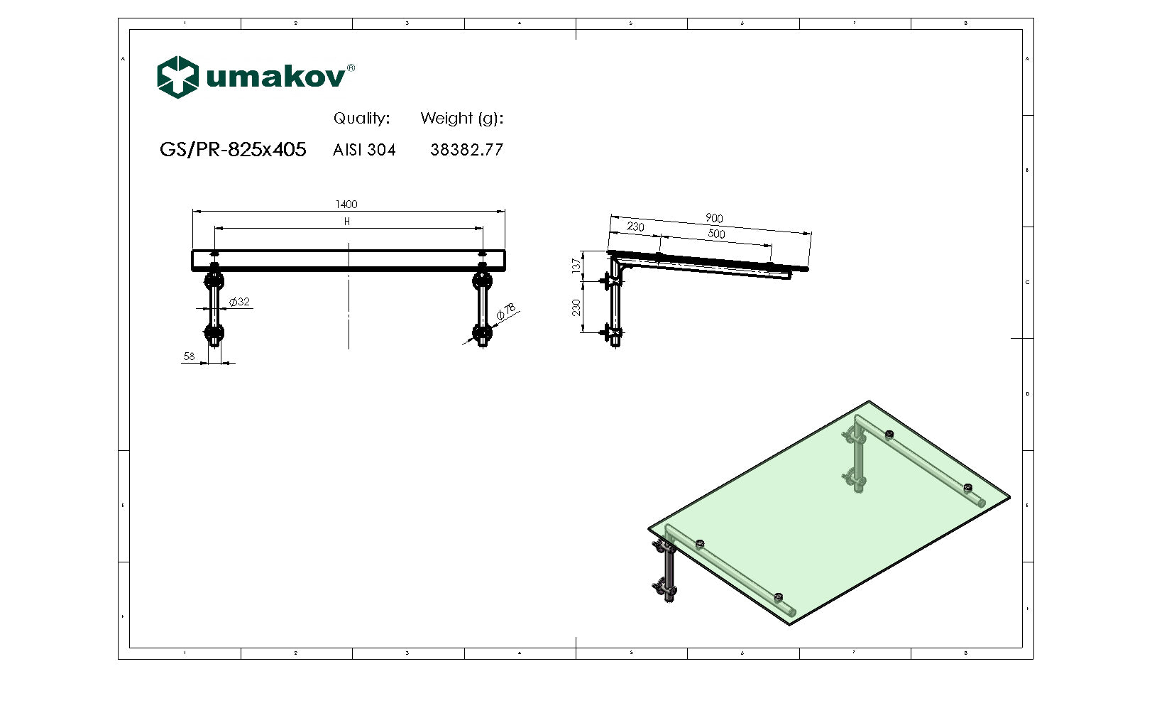 stříška AISI304, ESG/VSG glass 825x405mm +5°