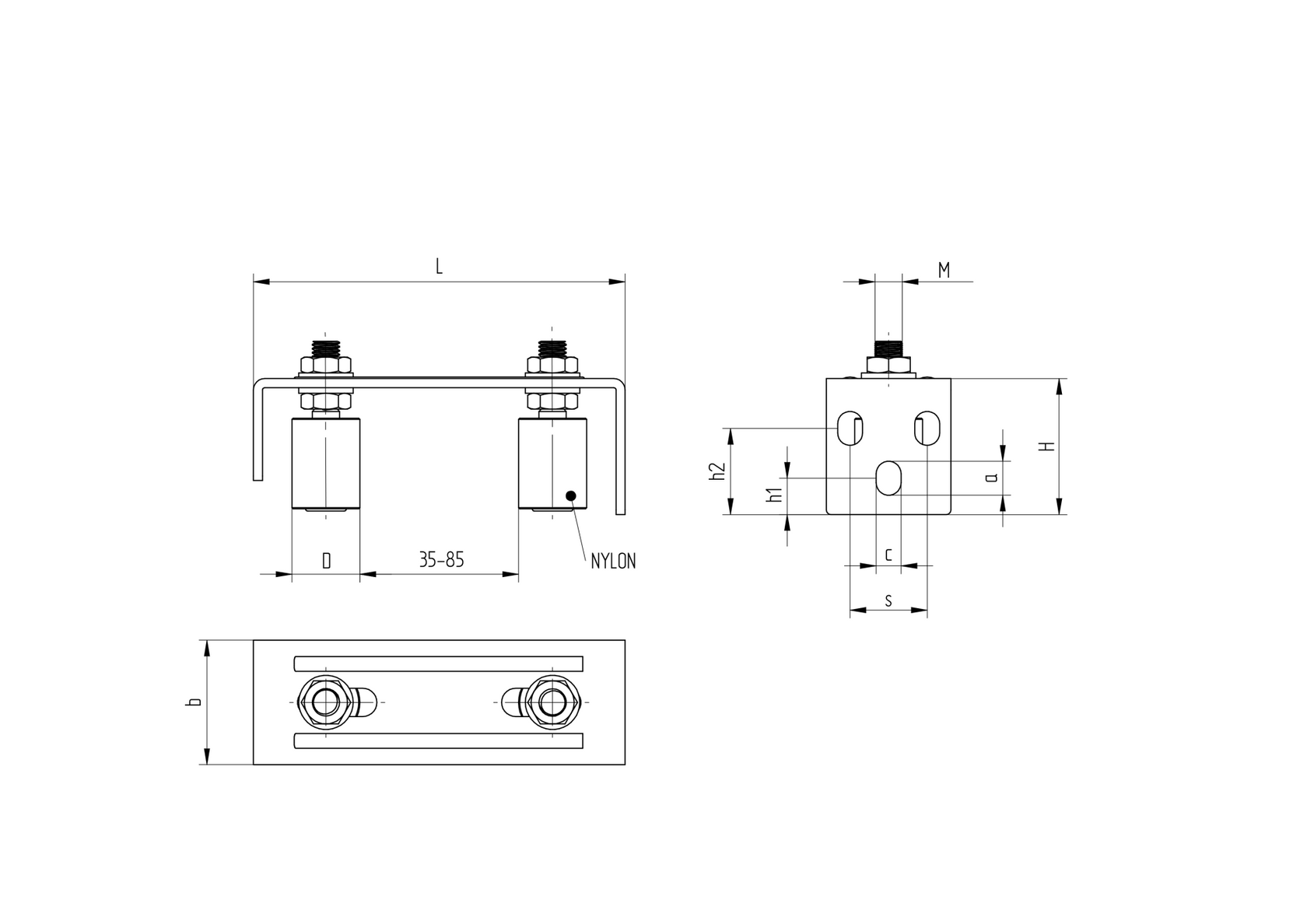 Vedení horní-2 rolky INOX, 165x57mm, D30
