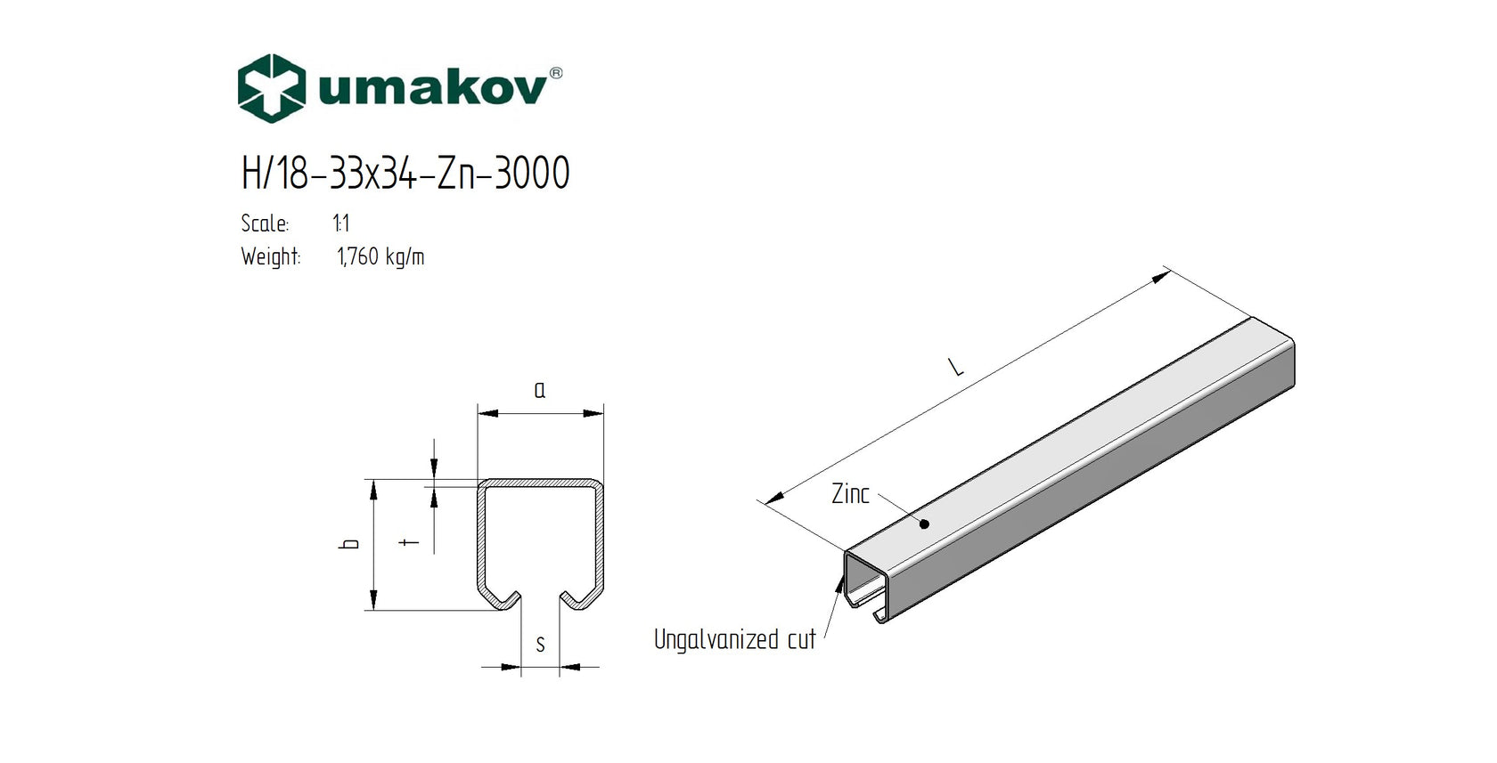 Profil pro závesné brány Zn, 33x34x2mm, L3m