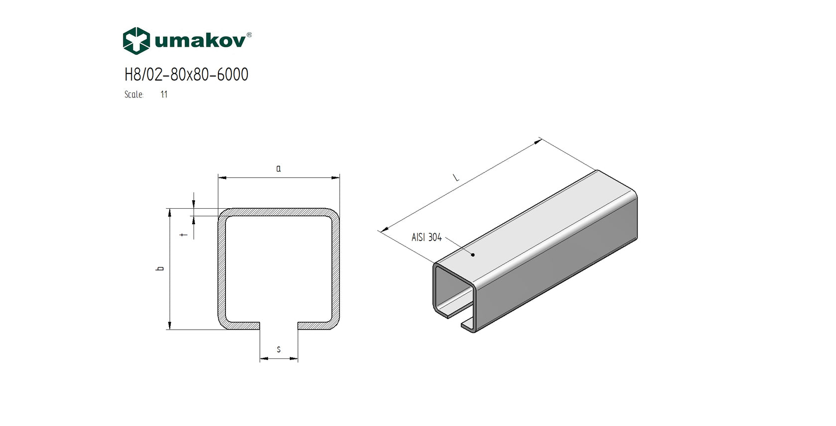 Vodíci profil INOX, 76x76x3mm, L6m