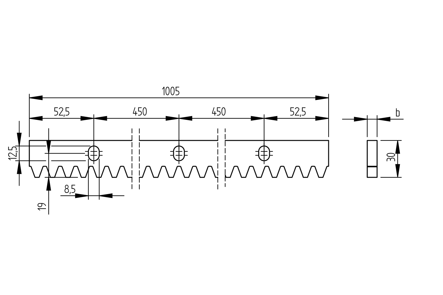 Ozubený hřeben Zn, 30x8mm, L1m, max 1200kg