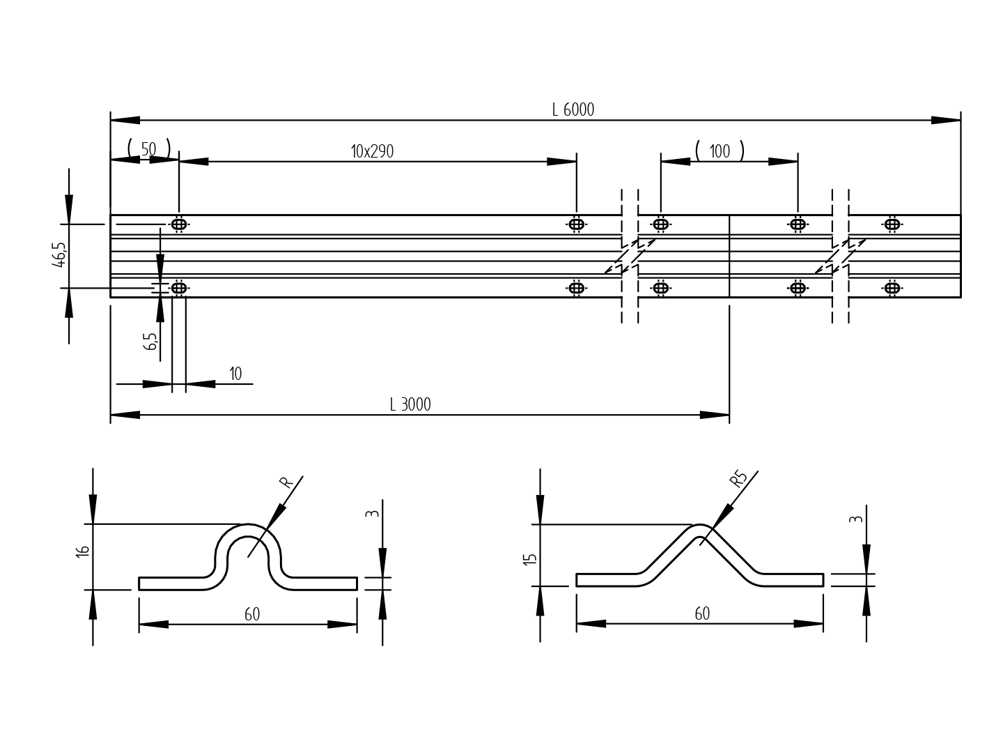 Lišta vodící - U Zn,60x16mm, t3mm, L3m