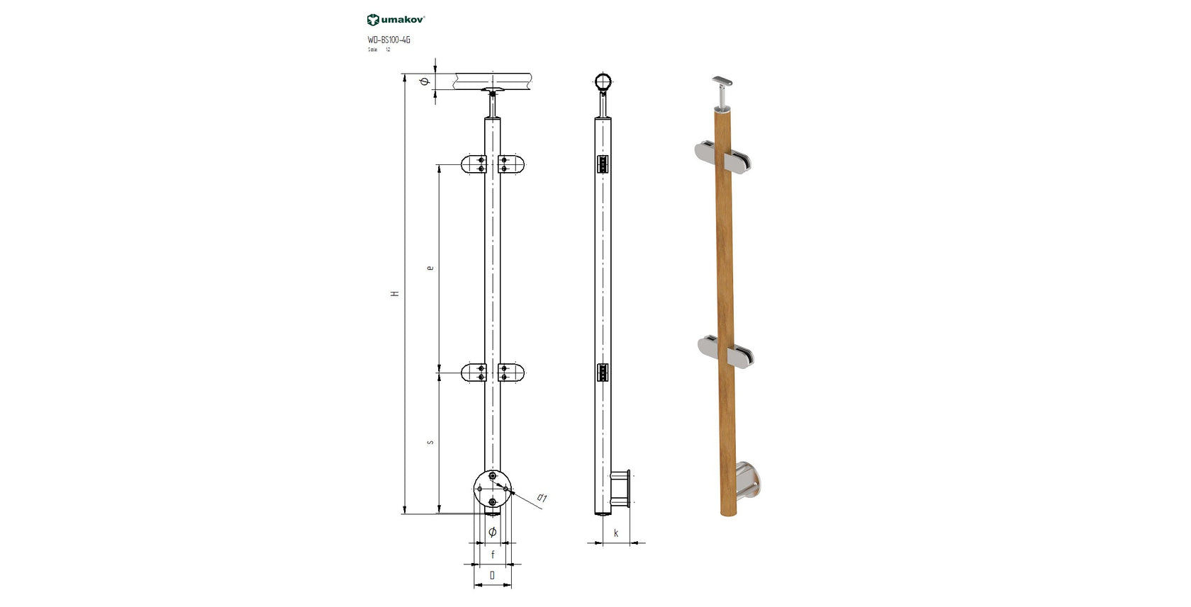 Sloupek-DUB D42,4 - 4xdržák , v=100cm, BK-schod